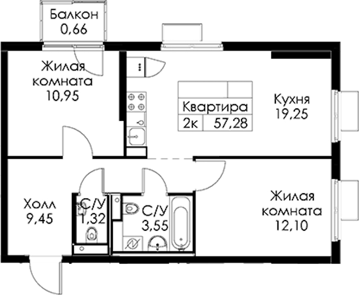 2-комнатная квартира 57.28 м², 11/24 эт., ЖК «Заречный парк»